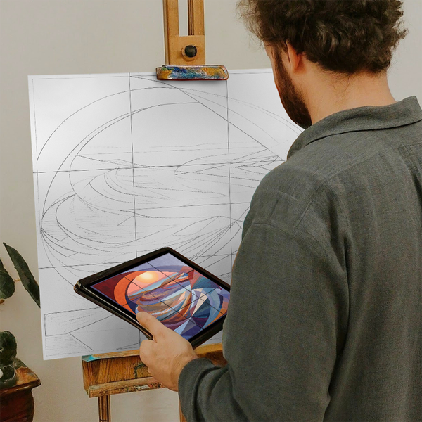 Artist with iPad and Easel