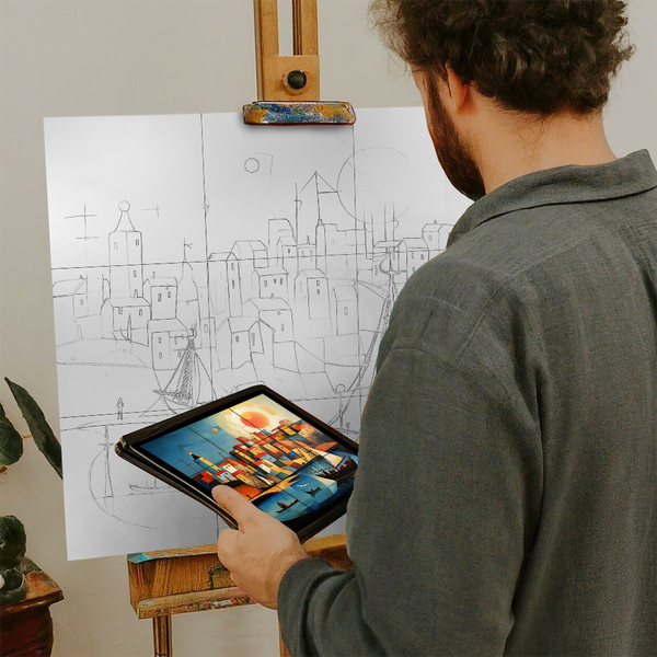 Artist with iPad and Easel