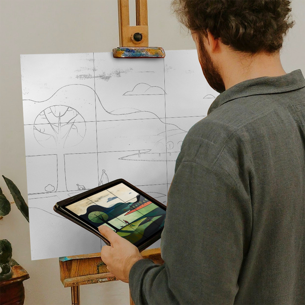 Artist with iPad and Easel